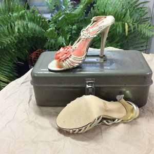 Miss Me Strappy High Heels, Gold Tone with Coral Cloth Rose, Size 6.5